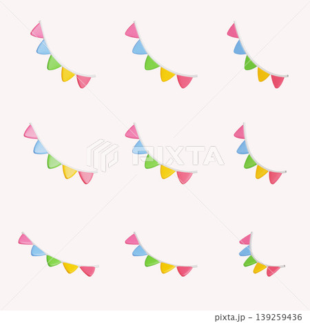 Nine strings of party flags hang across a light background. The flags are in various colors and shapes. They are arranged in a fun and playful pattern suitable for a celebration. Nine strings of party flags hang across a light background. The flags are in various colors and shapes. They are arranged in a fun and playful pattern suitable for a celebration. 139259436