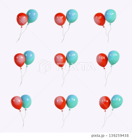 Balloons in red and blue colors are arranged in a grid. Each balloon has a string attached. The background is white, making the balloons stand out. This setup can be for a party or event. 139259438