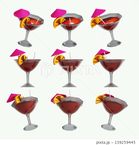 Bright drinks sit on a table at a summer party. Each drink has an orange slice and a small umbrella. The setting is lively and filled with summer fun. Friends enjoy their time together. 139259445
