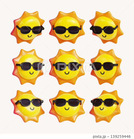 Nine cheerful sun shapes with sunglasses are arranged in a grid. Each sun has a smiley face. The bright colors and playful style suggest a theme for summer fun and joy. 139259446