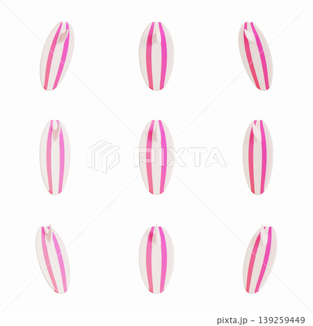Nine surfboards with pink and white designs are arranged in a grid on a plain background. The boards are oriented vertically and show a simple pattern. Nine surfboards with pink and white designs are arranged in a grid on a plain background. The boards are oriented vertically and show a simple pattern. 139259449
