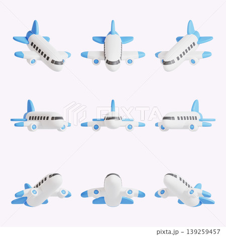 Nine toy airplanes are arranged in a grid. Each plane has a similar design but different angles and orientations. The blue and white planes are set against a light background. Nine toy airplanes are arranged in a grid. Each plane has a similar design but different angles and orientations. The blue and white planes are set against a light background. 139259457
