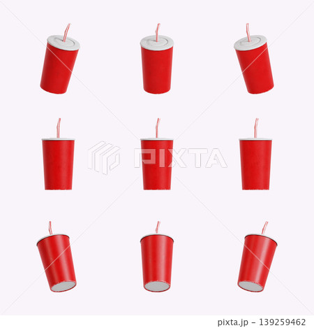 Nine red drink cups are arranged in a grid pattern on a plain background. Each cup has a white lid and a straw, ready for serving beverages at a gathering or celebration. Nine red drink cups are arranged in a grid pattern on a plain background. Each cup has a white lid and a straw, ready for serving beverages at a gathering or celebration. 139259462