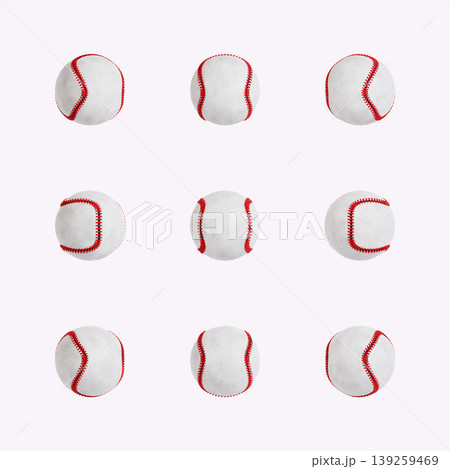 Several baseballs are placed in a 3x3 grid on a light background. Each ball shows various styles and positions, highlighting their familiar design. Several baseballs are placed in a 3x3 grid on a light background. Each ball shows various styles and positions, highlighting their familiar design. 139259469