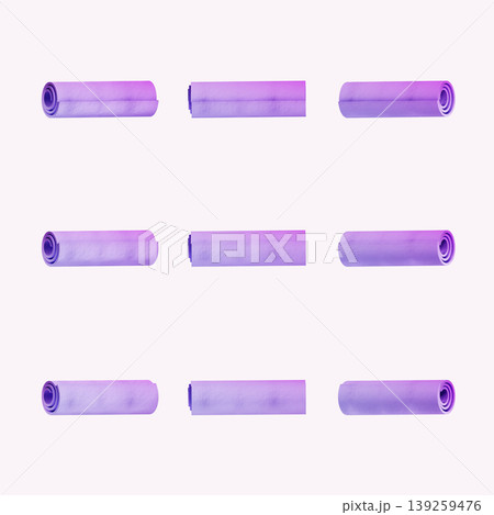 Nine rolls of purple paper are neatly arranged in a grid pattern on a clean white surface. This layout is common in design studios. The scene captures a simple workspace. Nine rolls of purple paper are neatly arranged in a grid pattern on a clean white surface. This layout is common in design studios. The scene captures a simple workspace. 139259476