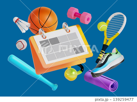 Different types of sports equipment surround a calendar showing empty boxes. Items include a basketball, tennis racket, and weights among others. Bright colors are used for a lively look. 139259477