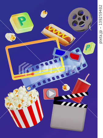 A colorful arrangement shows a film reel, popcorn, drinks, and game pieces. This scene is set for a fun movie night at home with snacks and games together. A colorful arrangement shows a film reel, popcorn, drinks, and game pieces. This scene is set for a fun movie night at home with snacks and games together. 139259482