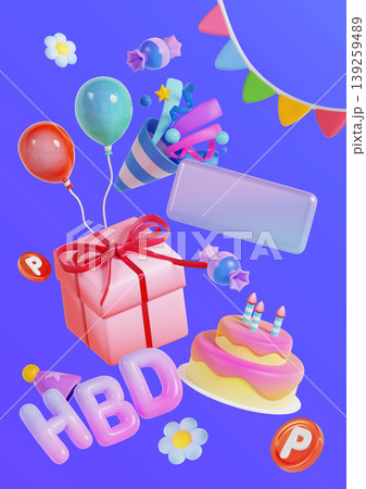A birthday scene shows a gift box with a ribbon, colorful balloons, a cake with candles, and decorations set against a blue background. It captures the fun of a birthday party. 139259489