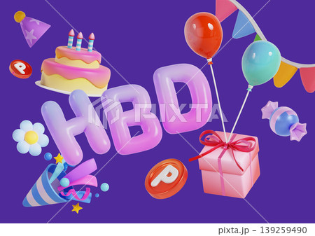 Colorful birthday items include balloons, a cake with candles, gifts, and party hats on a vibrant purple background. The scene is bright and filled with joy for a birthday celebration. Colorful birthday items include balloons, a cake with candles, gifts, and party hats on a vibrant purple background. The scene is bright and filled with joy for a birthday celebration. 139259490
