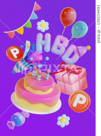 A birthday scene shows a pink cake with candles, bright balloons, a party hat, gifts, and colorful decorations. This setup is vibrant and inviting for a birthday party. 139259491