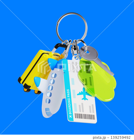 A keychain holds a yellow suitcase, a blue airplane, and a boarding pass. Items show travel symbols. The background is bright blue. This scene represents travel and adventure. 139259492
