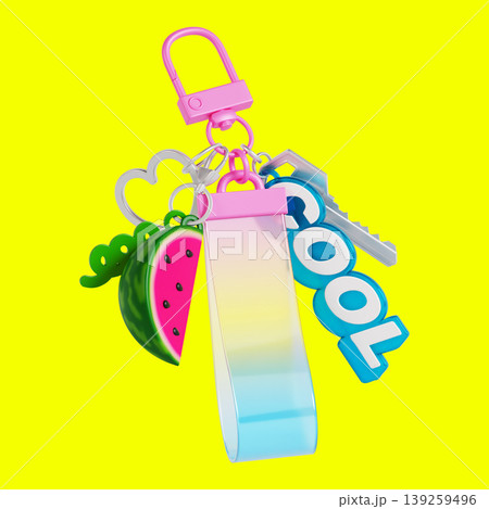 A collection of keychain charms is displayed on a bright yellow background. The keychain features a watermelon, a colorful text that says cool, and other playful items. 139259496
