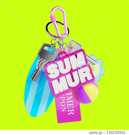 A keychain displays bright objects like keys, a surfboard, a beach ball, and tags. The colors and shapes suggest a summer vibe. The background is bright green, enhancing the playful appearance. A keychain displays bright objects like keys, a surfboard, a beach ball, and tags. The colors and shapes suggest a summer vibe. The background is bright green, enhancing the playful appearance. 139259501
