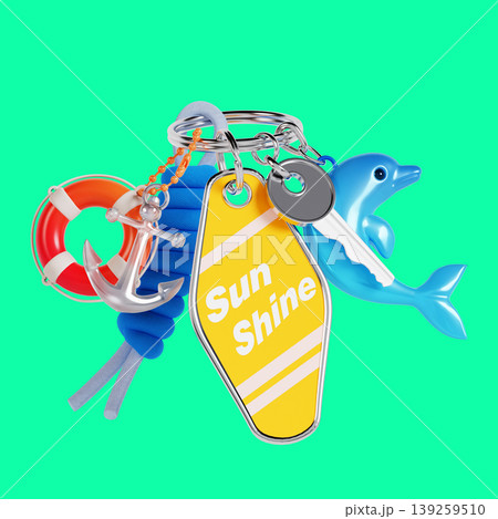 A collection of beach-themed keychain items rests on a bright green background. It includes a dolphin, a life preserver, and a colorful tag. This setup suggests summer fun. A collection of beach-themed keychain items rests on a bright green background. It includes a dolphin, a life preserver, and a colorful tag. This setup suggests summer fun. 139259510