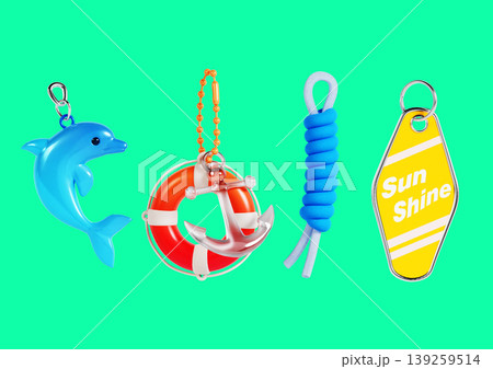 Four keychains display playful designs against a bright green background. The items include a dolphin, a lifebuoy, a rope, and a tag that says Sun Shine. 139259514