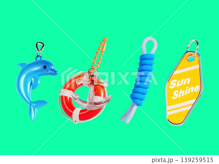 Four keychains are shown on a bright background. The designs include a dolphin, a life preserver, an anchor, and a text label. Each element highlights beach and ocean themes. Four keychains are shown on a bright background. The designs include a dolphin, a life preserver, an anchor, and a text label. Each element highlights beach and ocean themes. 139259515