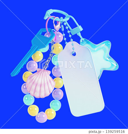 A collection of colorful items hangs together on a bright blue background. The keychain includes beads, a shell, and a tag. It displays fun shapes and bright colors, making it eye-catching. A collection of colorful items hangs together on a bright blue background. The keychain includes beads, a shell, and a tag. It displays fun shapes and bright colors, making it eye-catching. 139259516