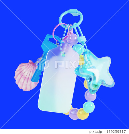 A set of colorful charms including a shell and a star is attached to a keychain. The background is bright blue, making the keychain stand out clearly. 139259517