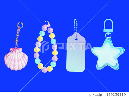 Accessorizing with colorful items such as a shell keychain, a beaded strand, a blank tag, and a star-shaped piece is shown on a vivid blue surface. Accessorizing with colorful items such as a shell keychain, a beaded strand, a blank tag, and a star-shaped piece is shown on a vivid blue surface. 139259519