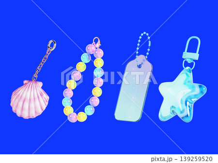 Four different charms and accessories are arranged on a bright blue background. The items include a shell, a beaded bracelet, a tag, and a star charm. Each item is colorful and unique. Four different charms and accessories are arranged on a bright blue background. The items include a shell, a beaded bracelet, a tag, and a star charm. Each item is colorful and unique. 139259520