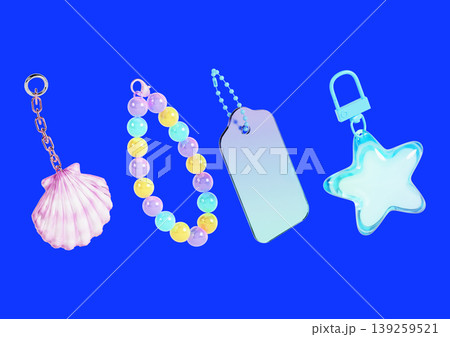Various keychains and charms are shown on a blue background. They include a shell, a bead bracelet, a tag, and a star shape. Each item has a distinct design and color. Various keychains and charms are shown on a blue background. They include a shell, a bead bracelet, a tag, and a star shape. Each item has a distinct design and color. 139259521