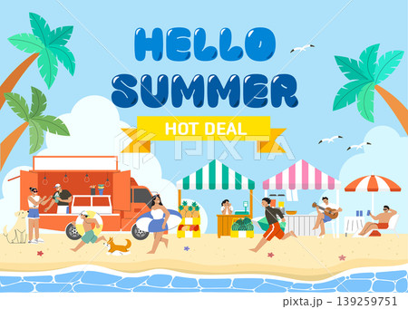 People enjoy summer at the beach with a food truck, market stalls, and activities like playing music and walking dogs. Families and friends gather by the water under palm trees. 139259751