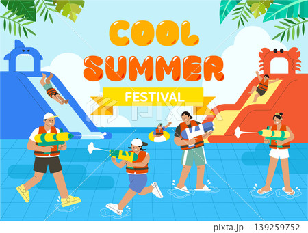 Children and adults engage in water games at a summer festival. They use water guns and play on slides while enjoying the sunny weather in a lively area. Children and adults engage in water games at a summer festival. They use water guns and play on slides while enjoying the sunny weather in a lively area. 139259752