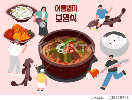 Various dishes are shown around a central bowl of soup. People are preparing food and enjoying local specialties. Ingredients include fish, vegetables, and rice. Various dishes are shown around a central bowl of soup. People are preparing food and enjoying local specialties. Ingredients include fish, vegetables, and rice. 139259768