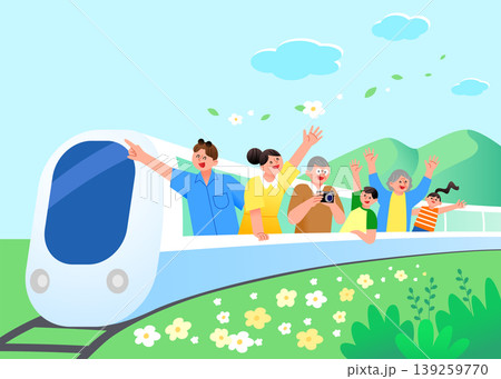 A group of people is riding a train. Some wave and smile, while one takes photos. The scene shows hills and flowers in the background under a clear sky. 139259770