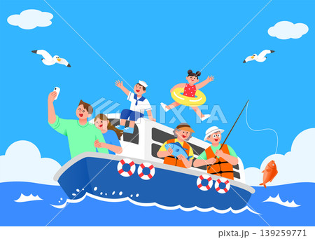 A group of people takes pictures and catches fish on a boat in the sea. Children play and smile while enjoying a fun day with their family. Birds are flying overhead in the blue sky. 139259771