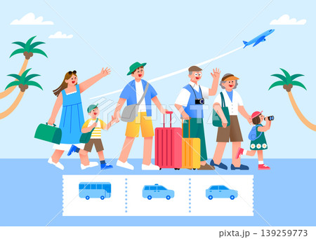 A family is walking together on a street. They carry luggage and wave at the camera. Palm trees are in the background. An airplane can be seen flying above them. 139259773