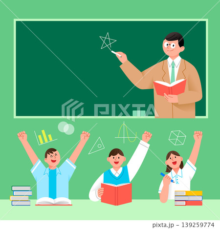 A teacher is explaining math concepts in a classroom. Three students are engaged, raising their hands and showing excitement. Books are on the desk. A teacher is explaining math concepts in a classroom. Three students are engaged, raising their hands and showing excitement. Books are on the desk. 139259774