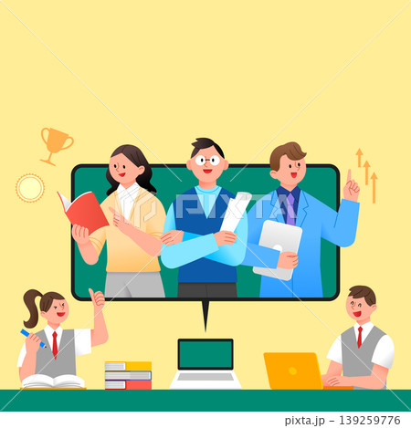A group of teachers and students is participating in a virtual class. The teachers hold books and materials while the students take notes and work on their computers. A group of teachers and students is participating in a virtual class. The teachers hold books and materials while the students take notes and work on their computers. 139259776