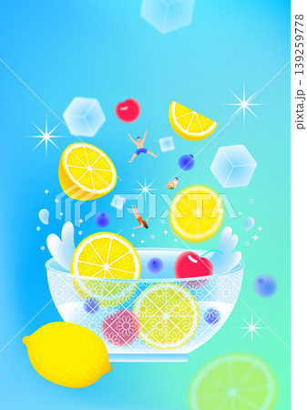 Fruits such as lemons, cherries, and blueberries drop into a clear bowl filled with ice cubes. Two small figures dive into the bowl against a blue background. 139259778