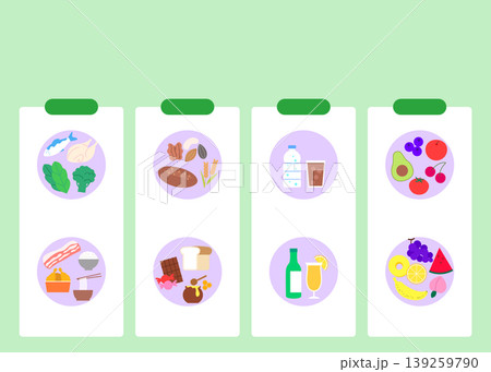 Different food items and drinks are shown in a clear layout. Categories include fruits, vegetables, snacks, and beverages. Each item is represented by an icon on a light green background. 139259790