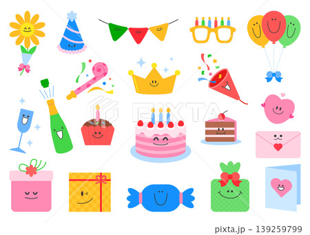 A collection of party decorations and items is arranged with smiles. There are balloons, a cake, gifts, and festive elements ready for a celebration. A collection of party decorations and items is arranged with smiles. There are balloons, a cake, gifts, and festive elements ready for a celebration. 139259799