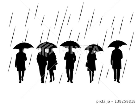 雨の日の人物シルエットイラスト　ビジネスマン　女性　男性　ビジネスパーソン　カップル　シルエット　 139259819