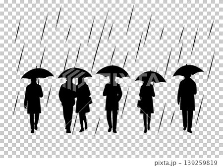 雨の日の人物シルエットイラスト　ビジネスマン　女性　男性　ビジネスパーソン　カップル　シルエット　 139259819