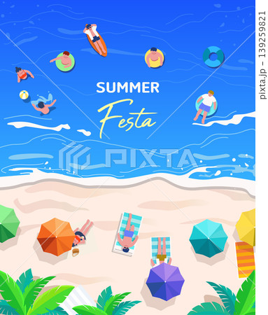 Visitors gather at a beach for a festival. Some swim in the ocean while others relax under colorful umbrellas on the sand. The sun shines brightly above as people enjoy the summer day. Visitors gather at a beach for a festival. Some swim in the ocean while others relax under colorful umbrellas on the sand. The sun shines brightly above as people enjoy the summer day. 139259821