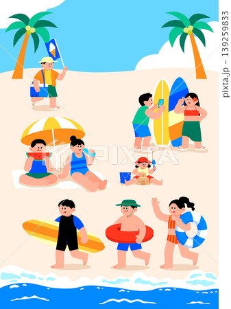 Groups of people enjoy activities at the beach. Some relax under umbrellas, while others hold surfboards and play in the water. It is a bright sunny day with palm trees in the background. 139259833