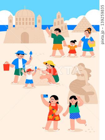 Groups of families are at the beach. Children are playing in the sand, building sandcastles, and using toys. Some adults are walking and taking pictures. 139259835