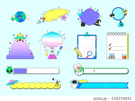 Cartoon drawings show various space and science objects. There are aliens, rockets, and lab equipment. Characters and icons create a fun scene for kids or educational use. 139259842