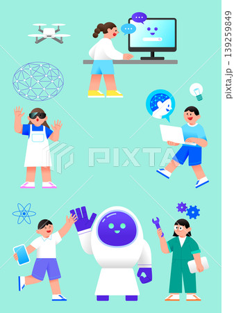 Kids engage with different technology activities including using computers, working with drones, and exploring robotics. They learn and interact in a bright classroom setting. Kids engage with different technology activities including using computers, working with drones, and exploring robotics. They learn and interact in a bright classroom setting. 139259849