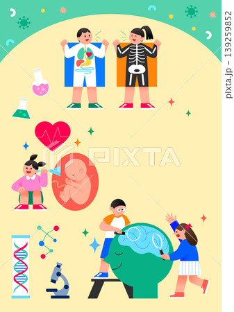 Kids engage in different science activities like studying body systems, looking at DNA, and using a microscope. They learn in a bright and playful setting. 139259852