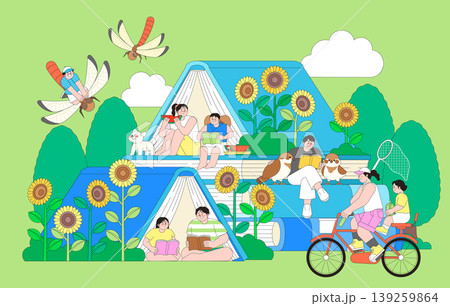 Children and adults take part in different activities outdoors. Some read books, while others relax. Sunflowers bloom around tents. A bike is parked nearby. Insects fly through the air. 139259864
