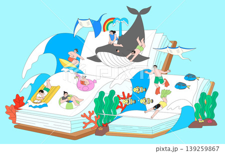 People are shown engaging in various water activities around a big whale and colorful ocean scenes. The background is light blue with waves, coral, and marine life. People are shown engaging in various water activities around a big whale and colorful ocean scenes. The background is light blue with waves, coral, and marine life. 139259867