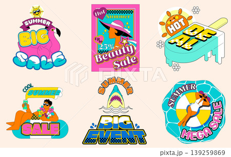 Different designs showcase a summer sale theme with promotions and discounts for beauty items. Bold colors, playful graphics, and summer symbols attract shoppers to participate in the event. 139259869