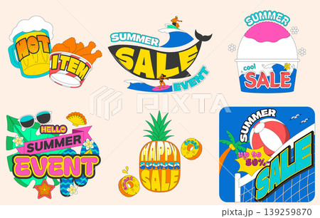 Bright graphics show different summer sale themes with items like drinks, ice cream, surfboards, and fruit. Each design promotes sales and summer events in a lively way. Bright graphics show different summer sale themes with items like drinks, ice cream, surfboards, and fruit. Each design promotes sales and summer events in a lively way. 139259870