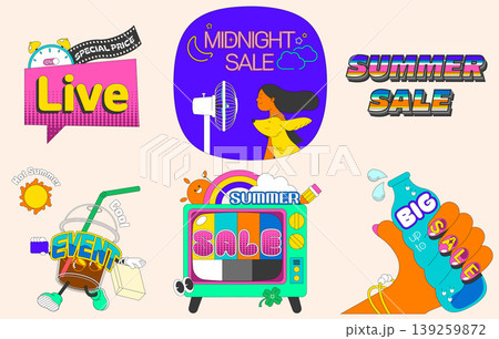 A vibrant summer sale event features various promotional graphics showing discounts, prices, and live announcements. The designs include summer themes and engaging visuals. A vibrant summer sale event features various promotional graphics showing discounts, prices, and live announcements. The designs include summer themes and engaging visuals. 139259872