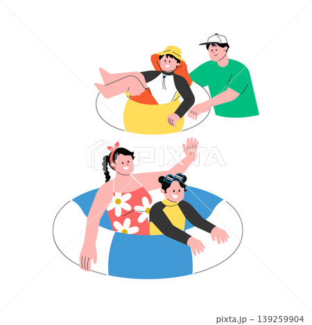 Groups of people are sitting and standing around tables under trees at a gathering in the park. They are eating, drinking, and talking, enjoying the sunny weather. Groups of people are sitting and standing around tables under trees at a gathering in the park. They are eating, drinking, and talking, enjoying the sunny weather. 139259904